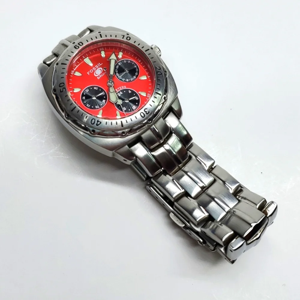Fossil Blue Watch B9152 Silver Steel Wristband Red Face Chronograph Wat…